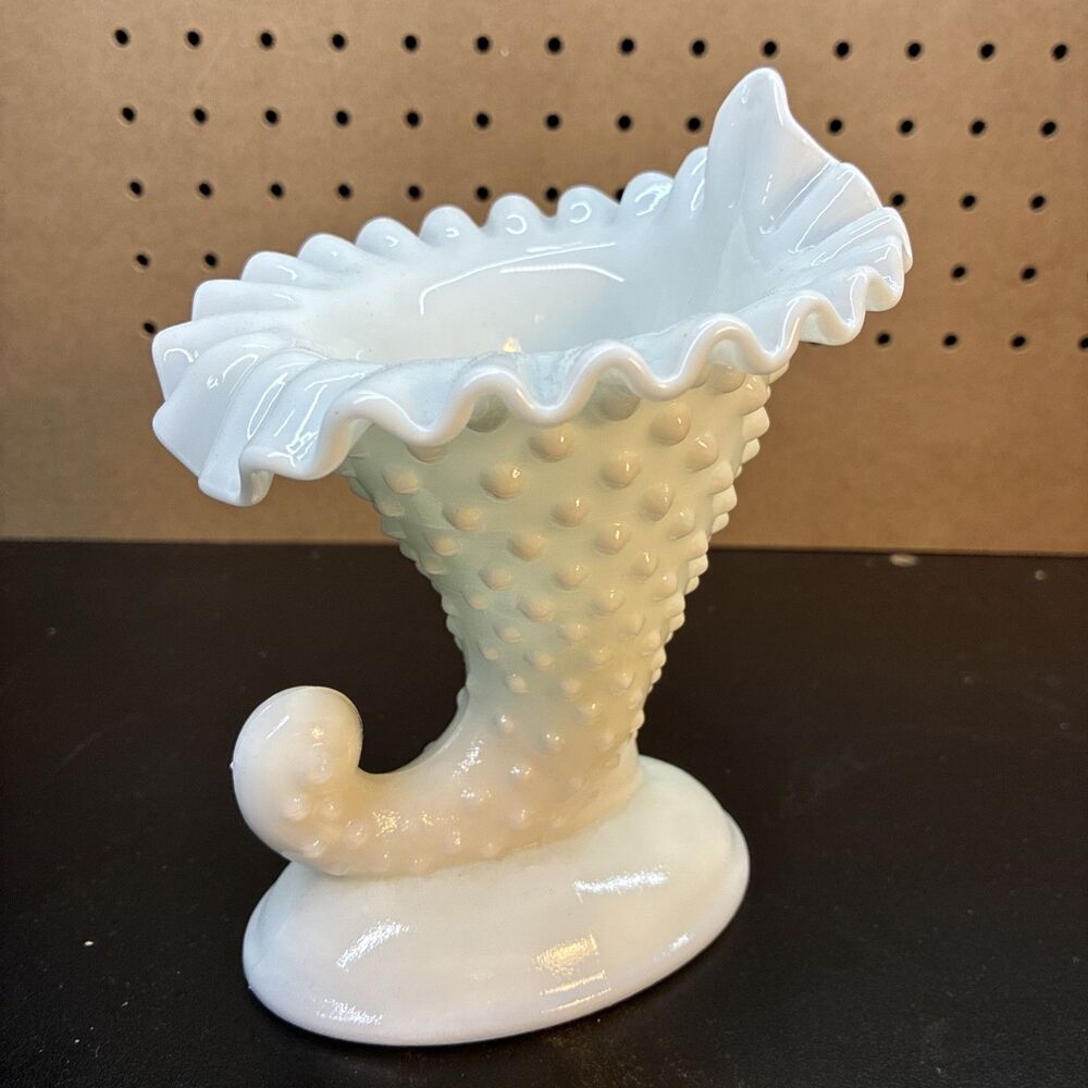 Fenton Milk Glass Hobnail White Cornucopia Vintage Vase Candle Stick Holder